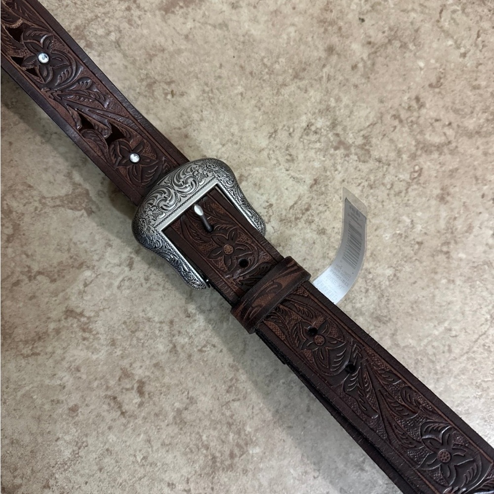 Brown Embossed Leather Belt with Silver Buckle